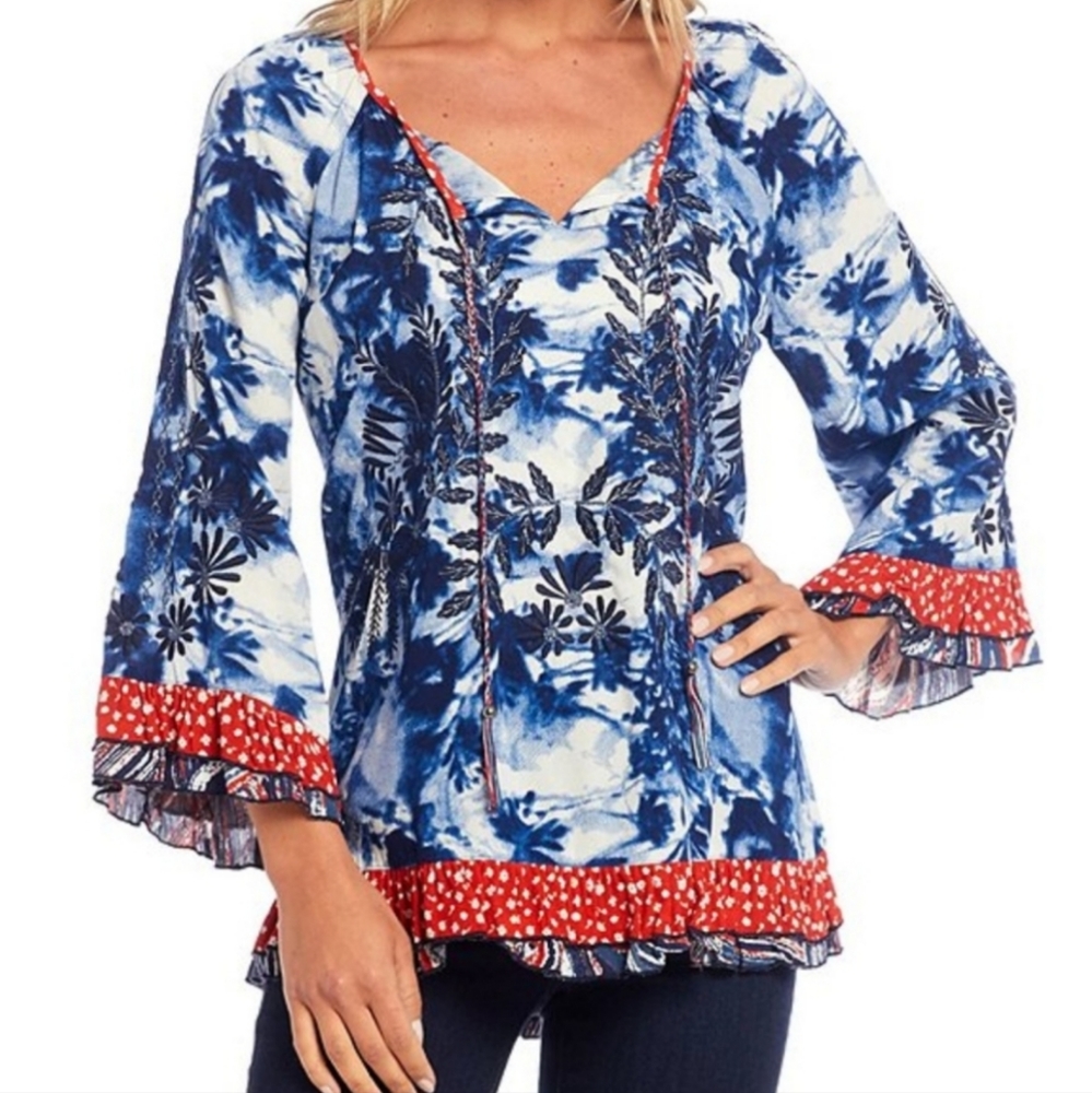 John Mark Floral Blouse Women's L White Blue Bell Sleeves Peasant Cottagecore